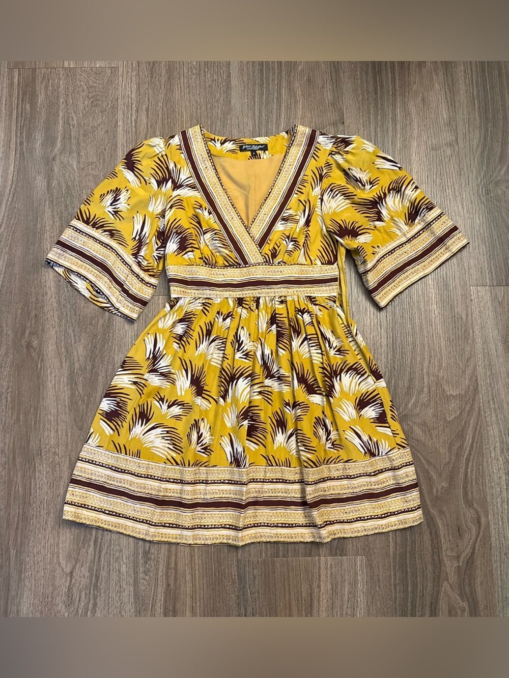 VNTG 90’s Betsey Johnson black label. Yellow and brown silk print mini dress